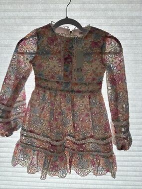 Gianni Bini Pastel Pink Blue Cream Floral Eyelet Long-Sleeve Dress
